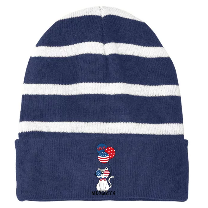 Patriotic Cat Meowica 4th Of July Funny Kitten Lover Striped Beanie with Solid Band