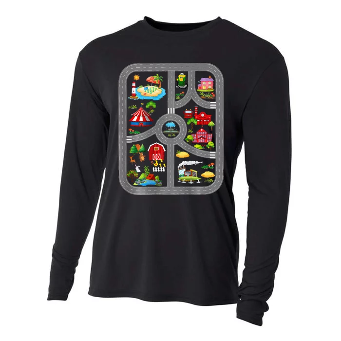 Play Cars On Dads Back Mat Road Car Race Track Cooling Performance Long Sleeve Crew