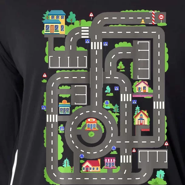 Play Cars On Dad Back Race Track Mat Cooling Performance Long Sleeve Crew