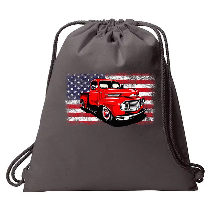 Patriotic Classic Old Pickup Truck American Flag Drawstring Bag