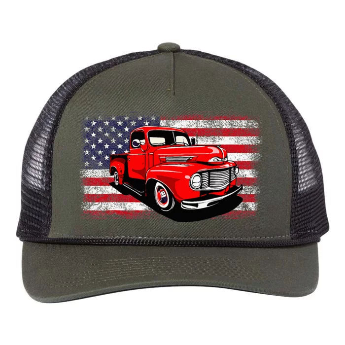 Patriotic Classic Old Pickup Truck American Flag Retro Rope Trucker Hat Cap