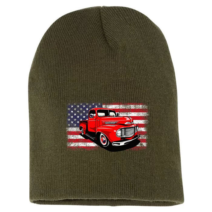 Patriotic Classic Old Pickup Truck American Flag Short Acrylic Beanie