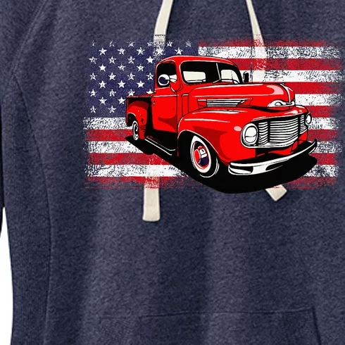 Patriotic Classic Old Pickup Truck American Flag Women's Fleece Hoodie