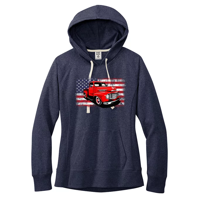 Patriotic Classic Old Pickup Truck American Flag Women's Fleece Hoodie