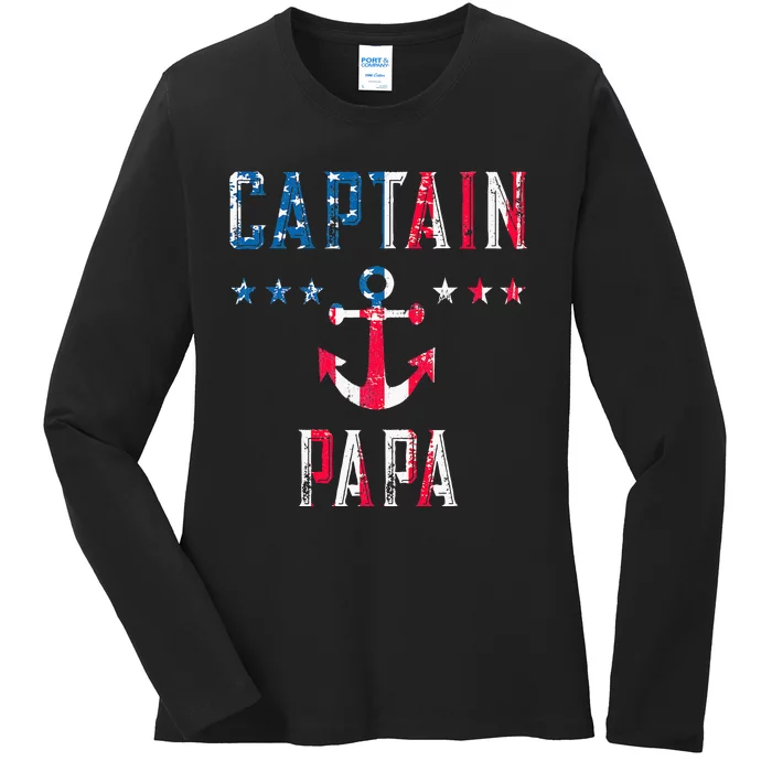 Patriotic C.A.P.T.A.I.N Papa American Superhero Us Flag Ladies Long Sleeve Shirt