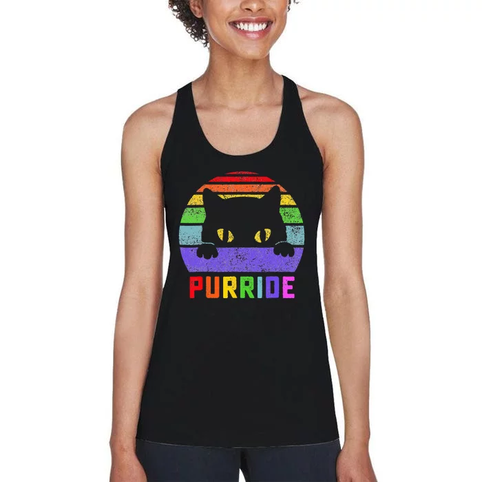 Pride Cat Purride Gay LGBTQ Rainbow Flag Retro Style Women's Racerback Tank