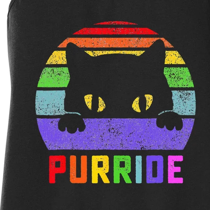 Pride Cat Purride Gay LGBTQ Rainbow Flag Retro Style Women's Racerback Tank