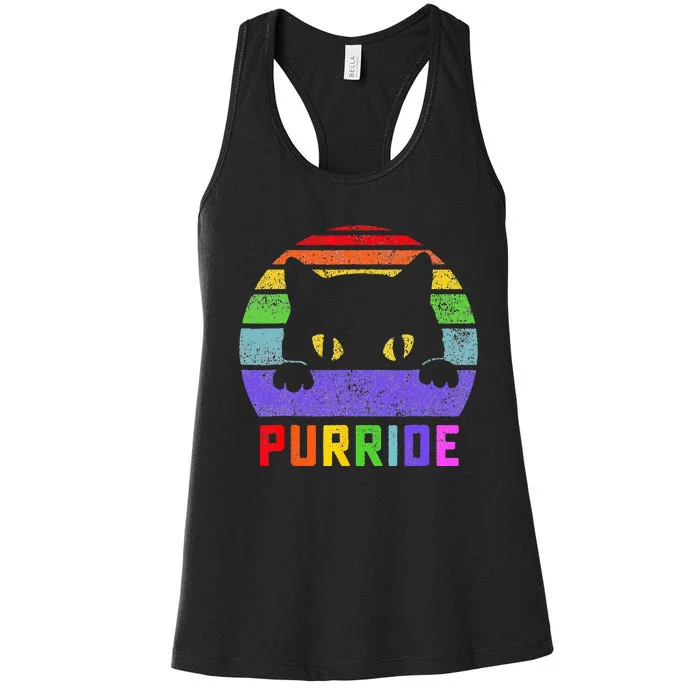 Pride Cat Purride Gay LGBTQ Rainbow Flag Retro Style Women's Racerback Tank