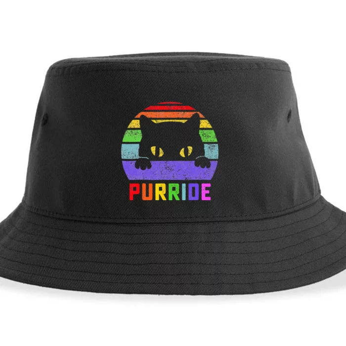 Pride Cat Purride Gay LGBTQ Rainbow Flag Retro Style Sustainable Bucket Hat