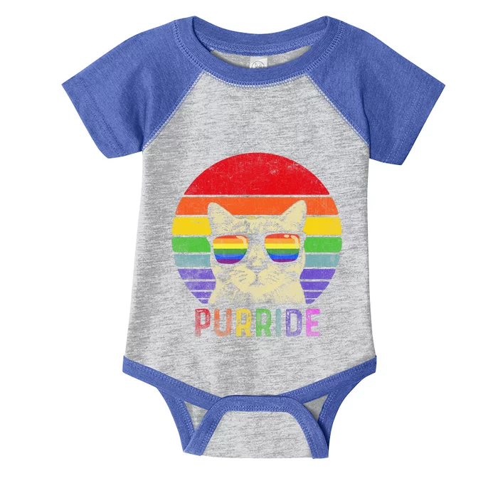 Pride Cat Purride Gay LGBTQ Rainbow Flag Retro Style Infant Baby Jersey Bodysuit