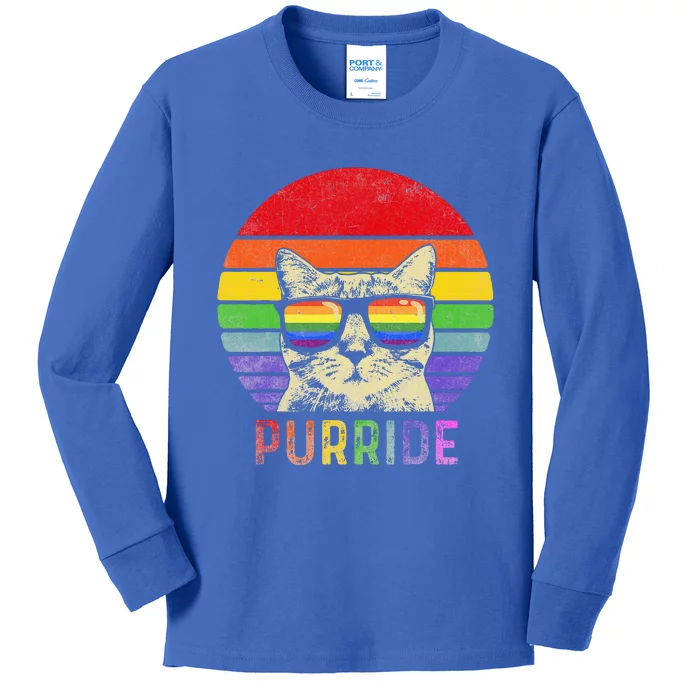 Pride Cat Purride Gay LGBTQ Rainbow Flag Retro Style Kids Long Sleeve Shirt