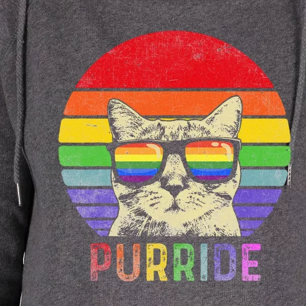 Pride Cat Purride Gay LGBTQ Rainbow Flag Retro Style Womens Funnel Neck Pullover Hood