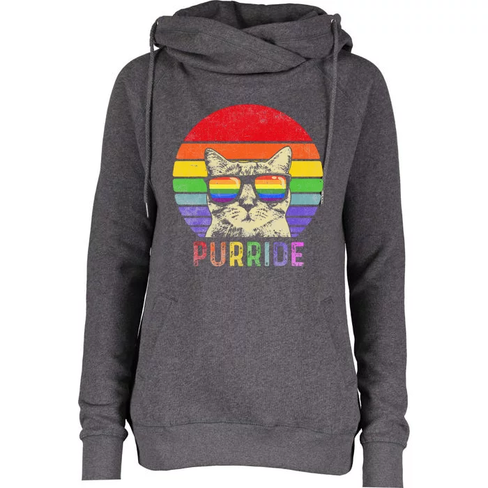 Pride Cat Purride Gay LGBTQ Rainbow Flag Retro Style Womens Funnel Neck Pullover Hood