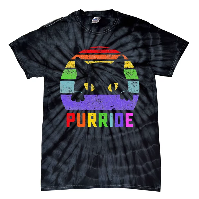 Pride Cat Purride Gay LGBTQ Rainbow Flag Retro Style Tie-Dye T-Shirt