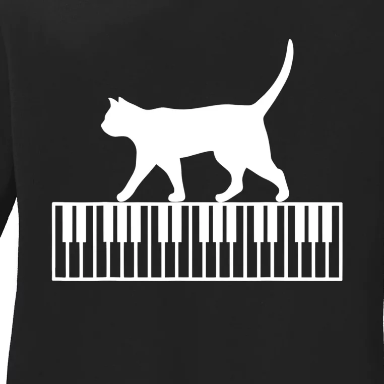 Piano Cat Piano Keyboard Ladies Long Sleeve Shirt