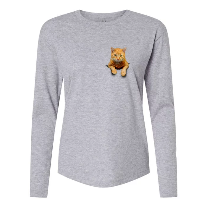 Pocket Cat Womens Cotton Relaxed Long Sleeve T-Shirt