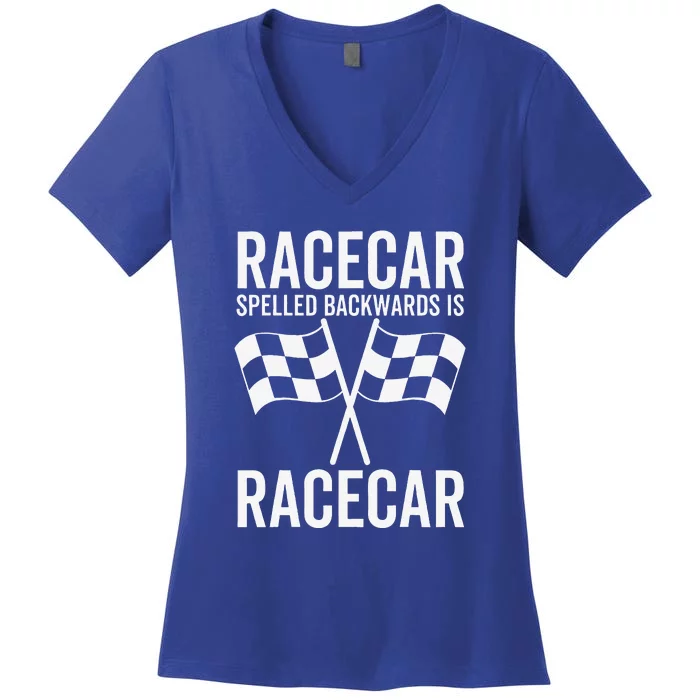 Pit Crew Race Car Checkered Flag Team Auto Racing Women's V-Neck T-Shirt