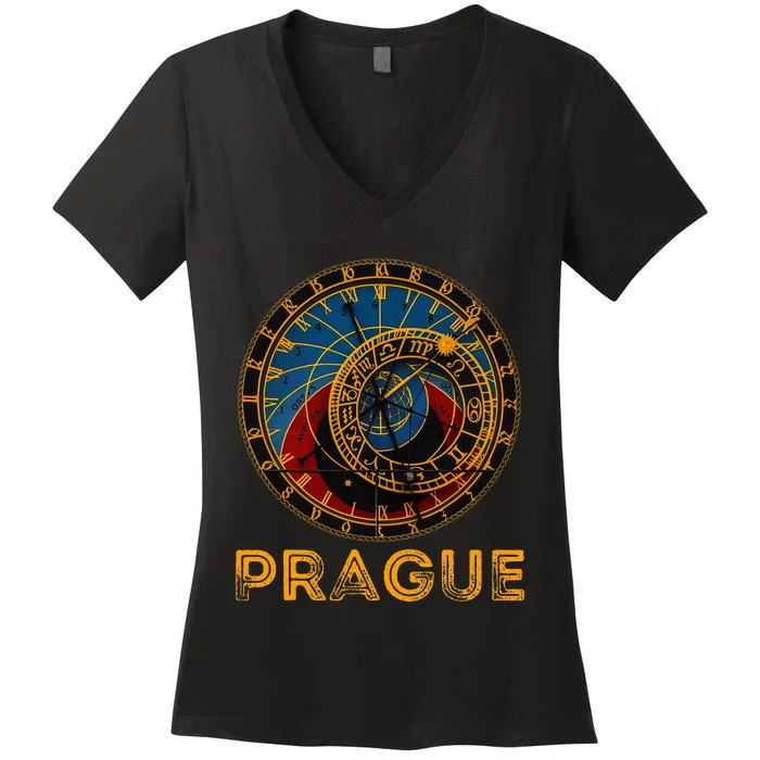 Prague Czech Republic Souvenir Astronomical Clock Prague Women's V-Neck T-Shirt