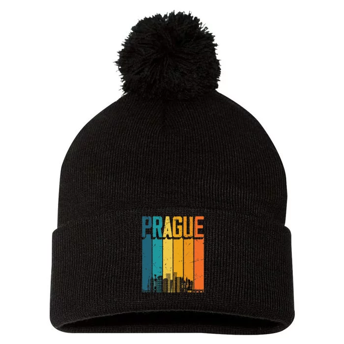 Prague Czech Republic Retro Vintage Sunset Skyline Prague Pom Pom 12in Knit Beanie