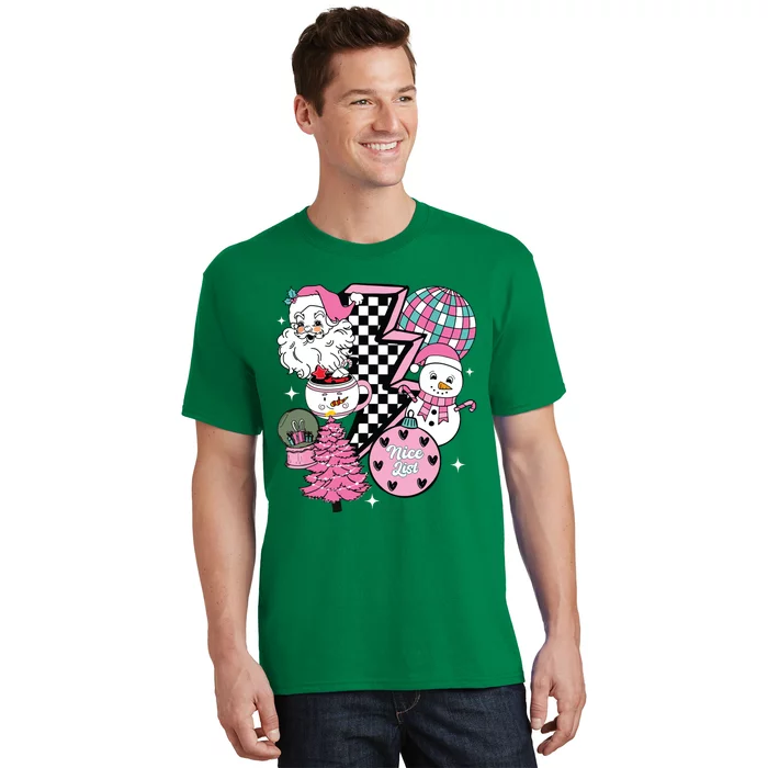 Pink Christmas Retro Santa Disco Snowman Groovy Xmas T-Shirt