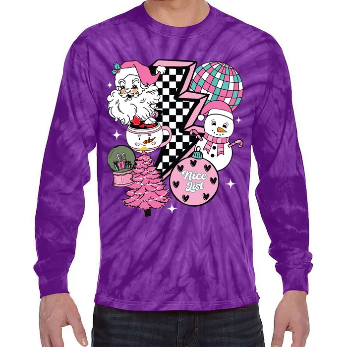 Pink Christmas Retro Santa Disco Snowman Groovy Xmas Tie-Dye Long Sleeve Shirt