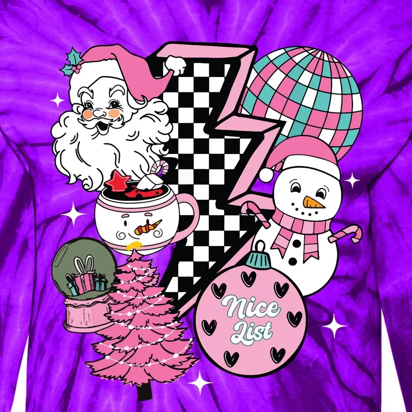 Pink Christmas Retro Santa Disco Snowman Groovy Xmas Tie-Dye Long Sleeve Shirt