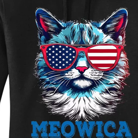 Patriotic Cat Sunglasses American Flag 4th of July Meowica Women's Pullover Hoodie