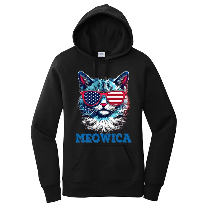 Patriotic Cat Sunglasses American Flag 4th of July Meowica Women's Pullover Hoodie