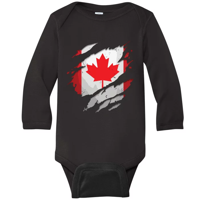 Proud Canadian Shirts Torn Ripped Canada Flag Baby Long Sleeve Bodysuit