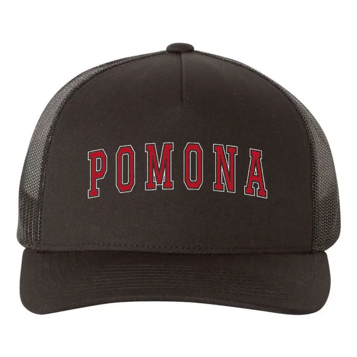 Pomona California Souvenir Vacation College Style Red Text Yupoong Adult 5-Panel Trucker Hat