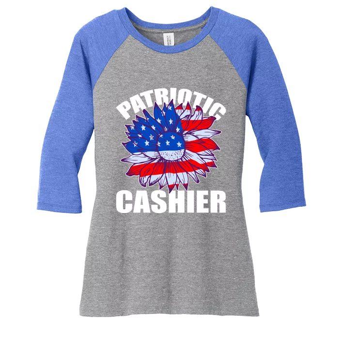 Patriotic Cashier Sunflower Retro Job America Flag Gift Women's Tri-Blend 3/4-Sleeve Raglan Shirt