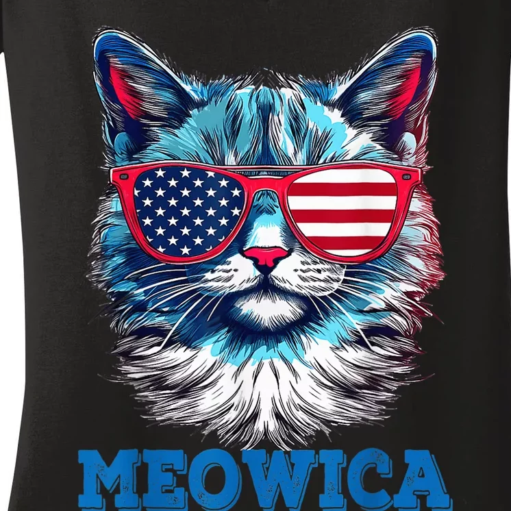 Patriotic Cat Sunglasses American Flag 4th of July Meowica Women's V-Neck T-Shirt