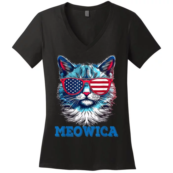 Patriotic Cat Sunglasses American Flag 4th of July Meowica Women's V-Neck T-Shirt