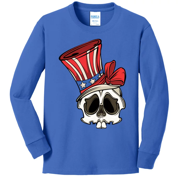 Patriotic Cute Skull American Flag 4th Of July Gift Kids Long Sleeve Shirt