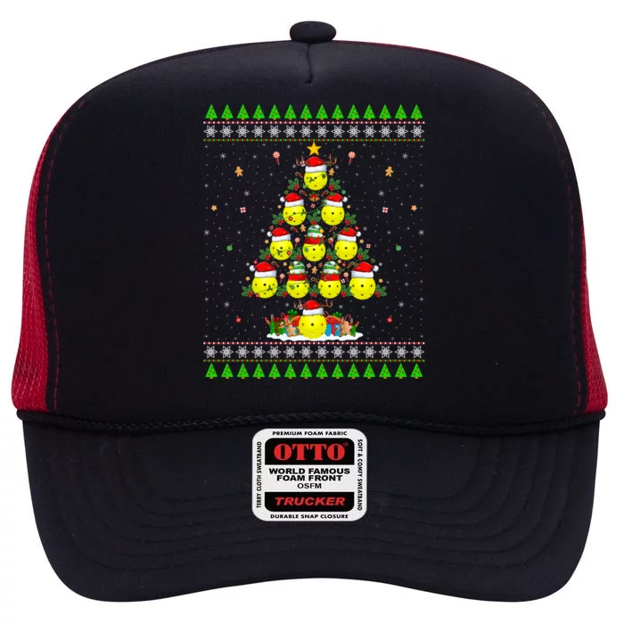 Pickleball Christmas Tree Ugly Sweater Santa Pickleball Xmas Gift High Crown Mesh Trucker Hat