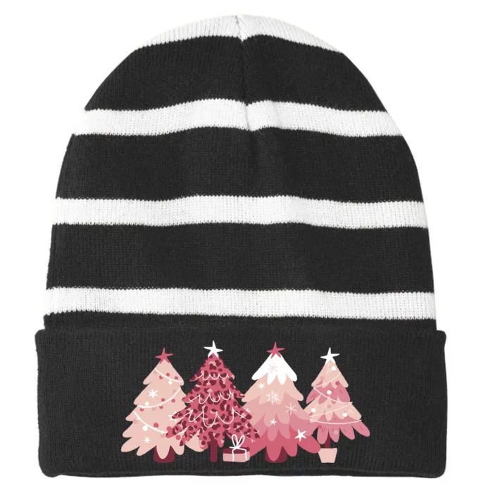 Pink Christmas Tree Holiday Striped Beanie with Solid Band