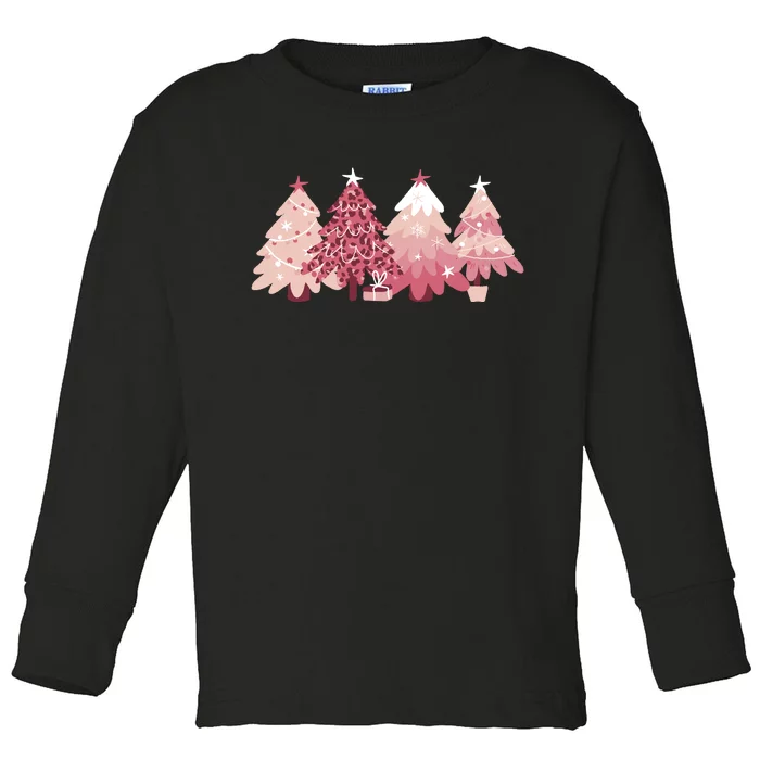 Pink Christmas Tree Holiday Toddler Long Sleeve Shirt