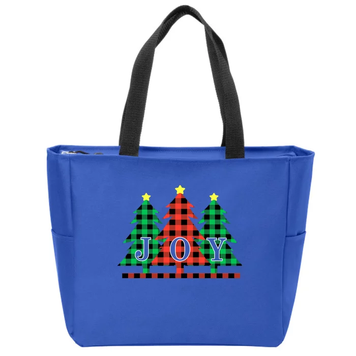 Plaid Christmas Trees Joy To The World Meaningful Gift Zip Tote Bag