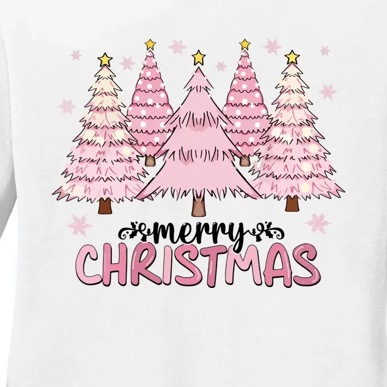 Pink Christmas Tree Christmas Xmas Gift Ladies Long Sleeve Shirt