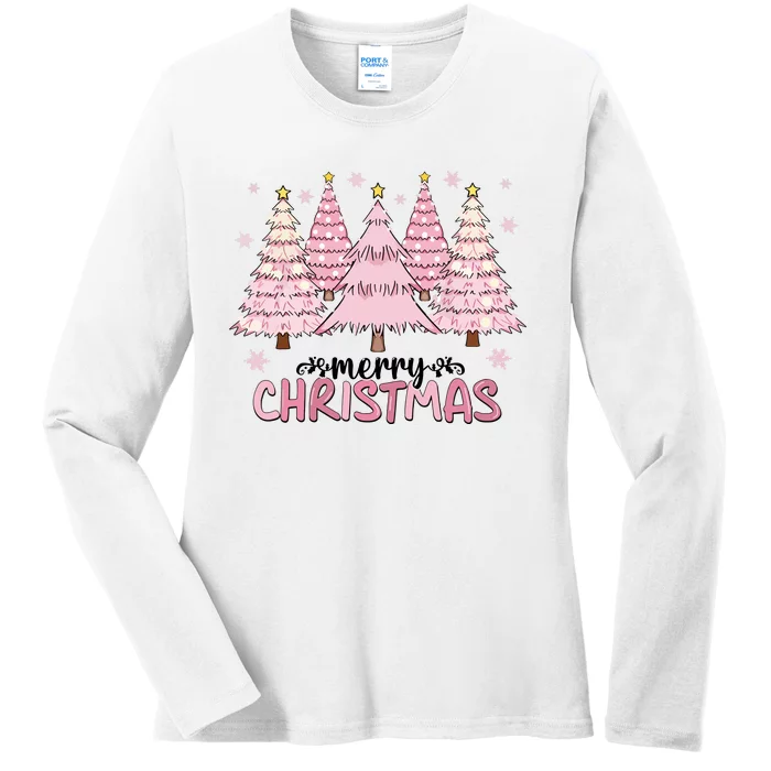 Pink Christmas Tree Christmas Xmas Gift Ladies Long Sleeve Shirt