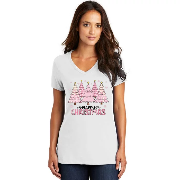 Pink Christmas Tree Christmas Xmas Gift Women's V-Neck T-Shirt