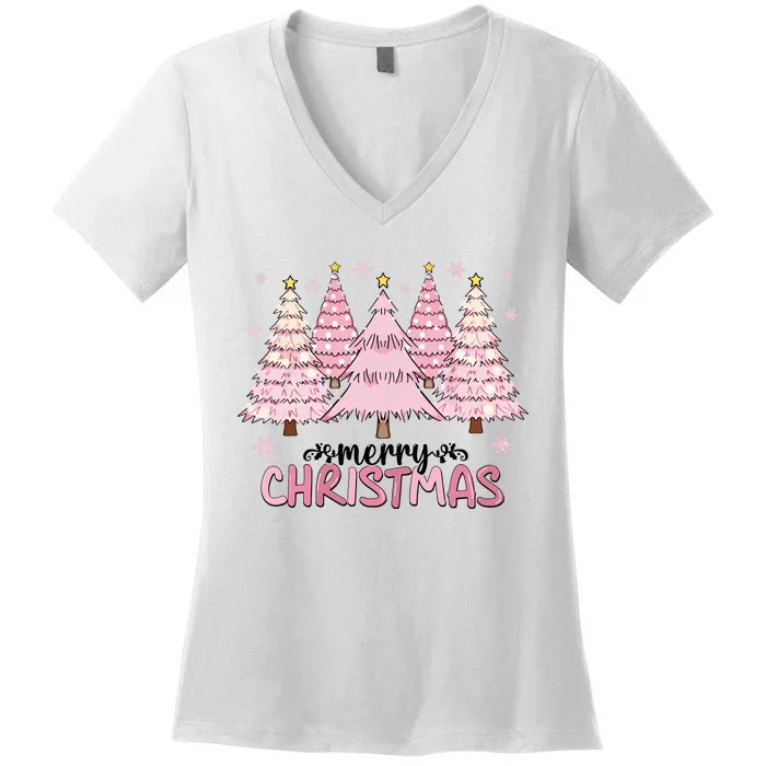 Pink Christmas Tree Christmas Xmas Gift Women's V-Neck T-Shirt