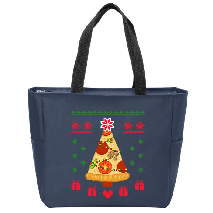 Pizza Christmas Tree Poinsettia Zip Tote Bag