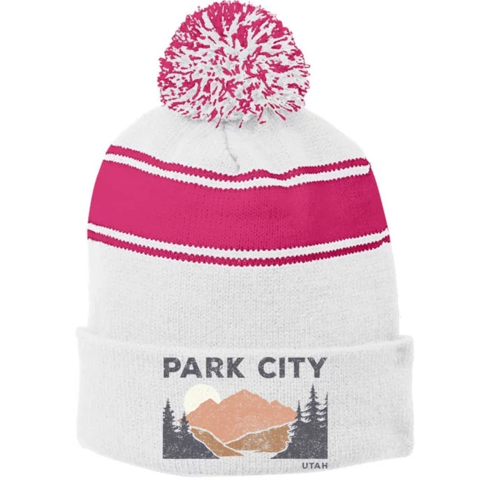 Park City Utah Faded Mountain Forest Hiking Stripe Pom Pom Beanie