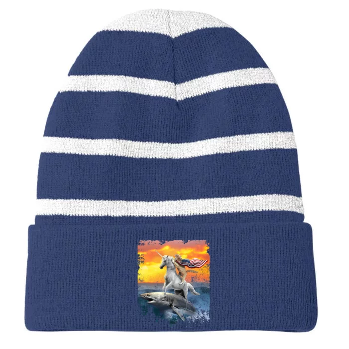 Patriotic Cat Unicorn Sharks for Veterans Striped Beanie with Solid Band