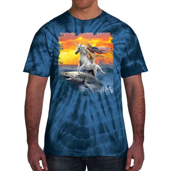 Patriotic Cat Unicorn Sharks for Veterans Tie-Dye T-Shirt