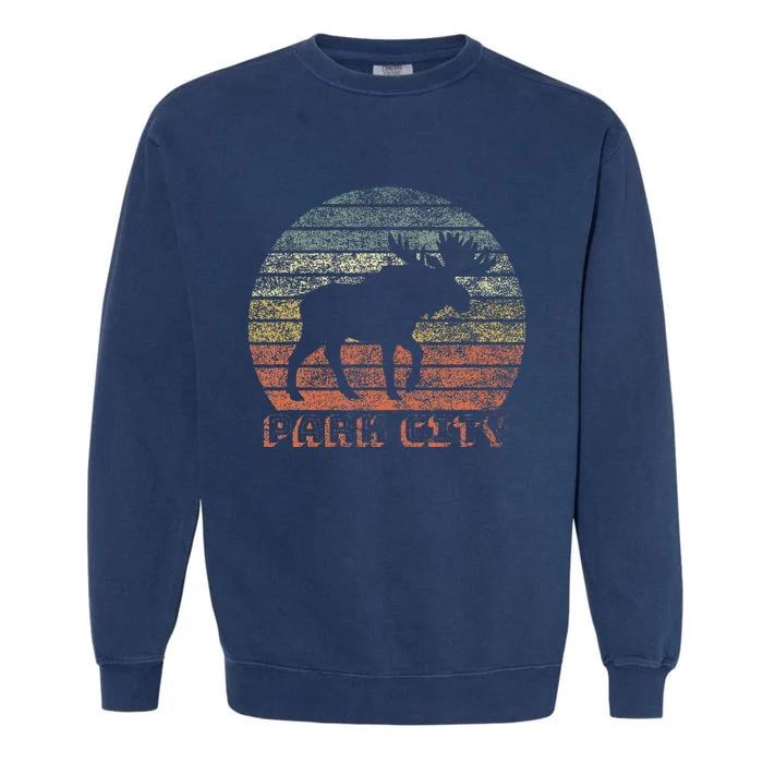 Park City Utah Moose Retro Sunset Nature Travel Garment-Dyed Sweatshirt