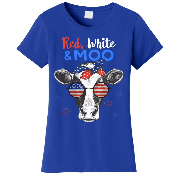 Patriotic Cow Usa Flag Funny 4th Of July Red White And Moo Cool Gift Women's T-Shirt