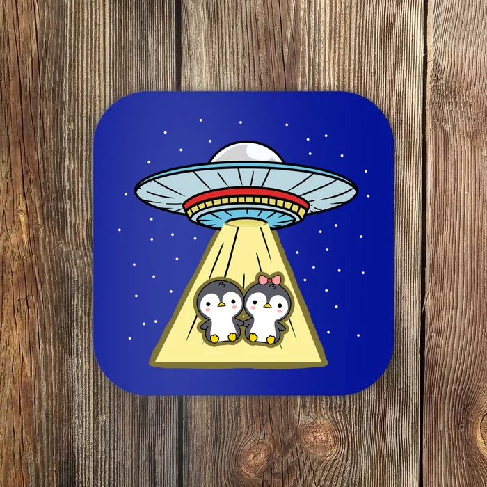 Penguin Couple Ufo Abduction Valentines Day Gift Coaster