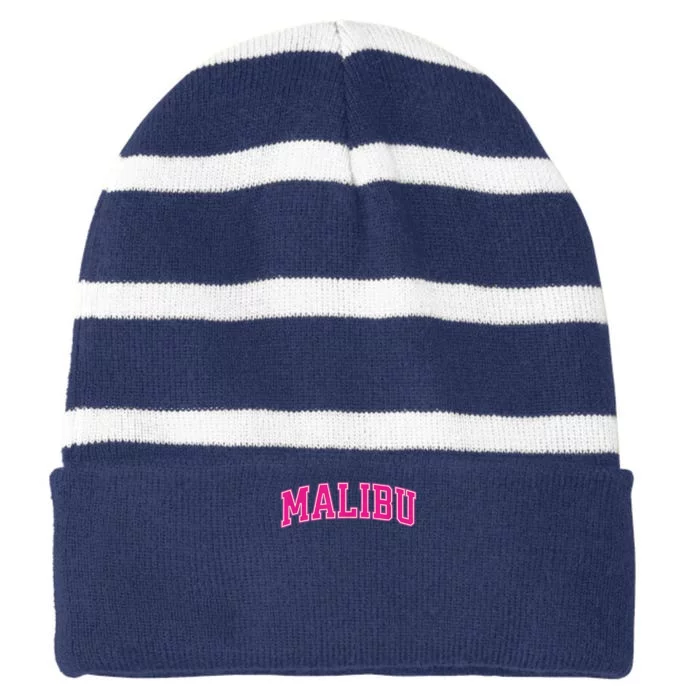 Preppy Collegiate Varsity Pink Malibu California Striped Beanie with Solid Band